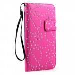 Wholesale iPhone 6 Plus 5.5 Diamond Flip PU Leather Wallet Case with Strap (Hot Pink)